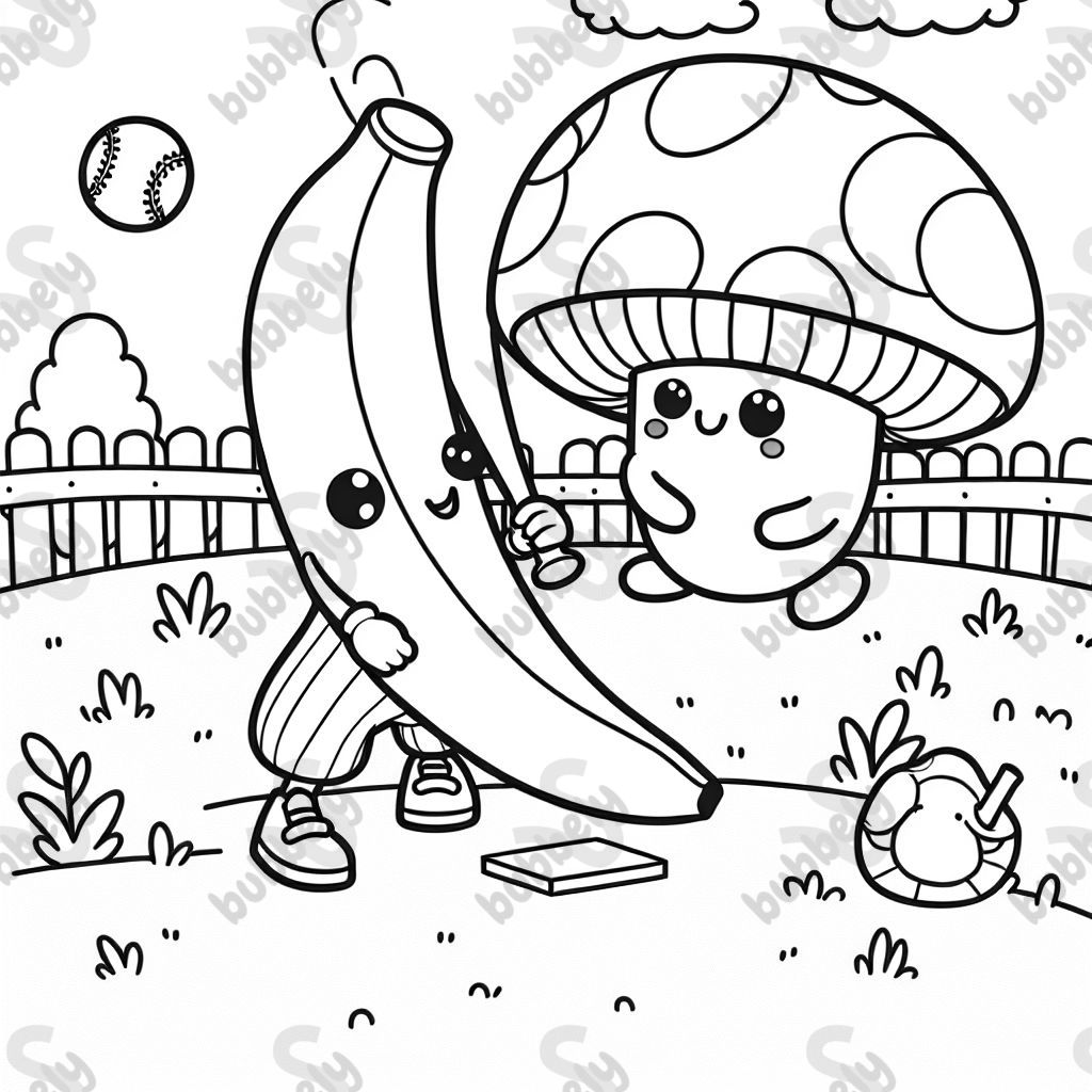 Banana and mushroom playing baseball