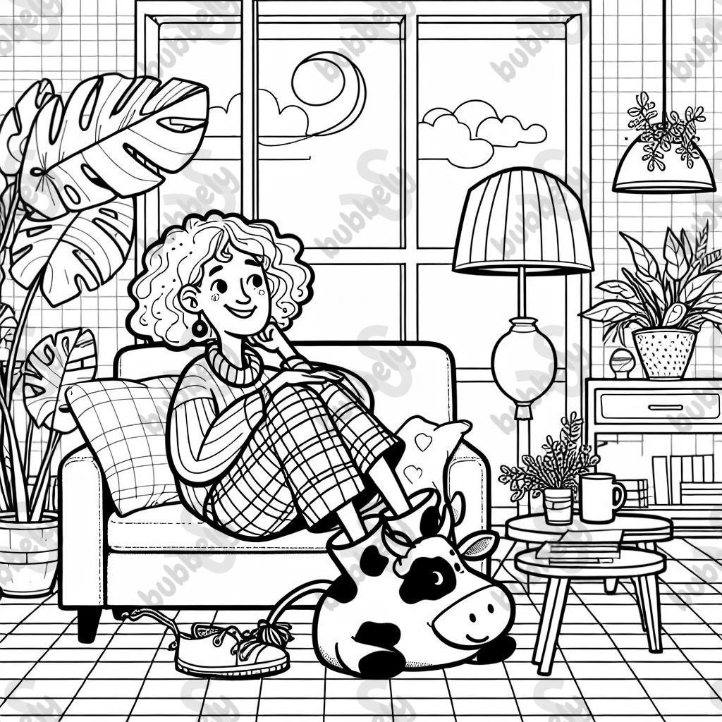 a women on her couch with cow slippers