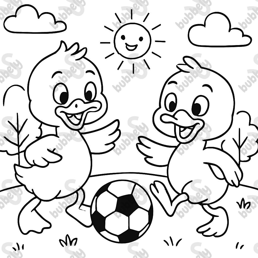 Two yellow ducks playing soccer