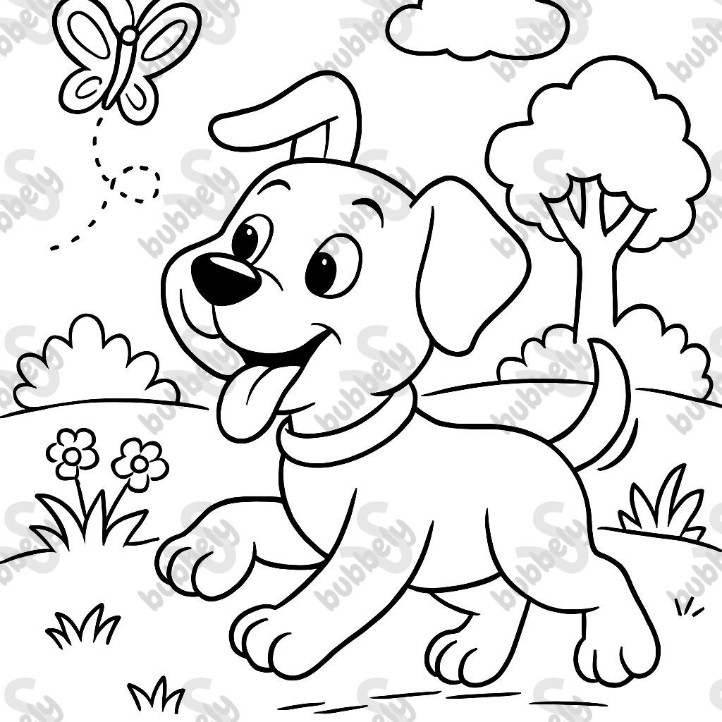 un chiot poursuivant un papillon