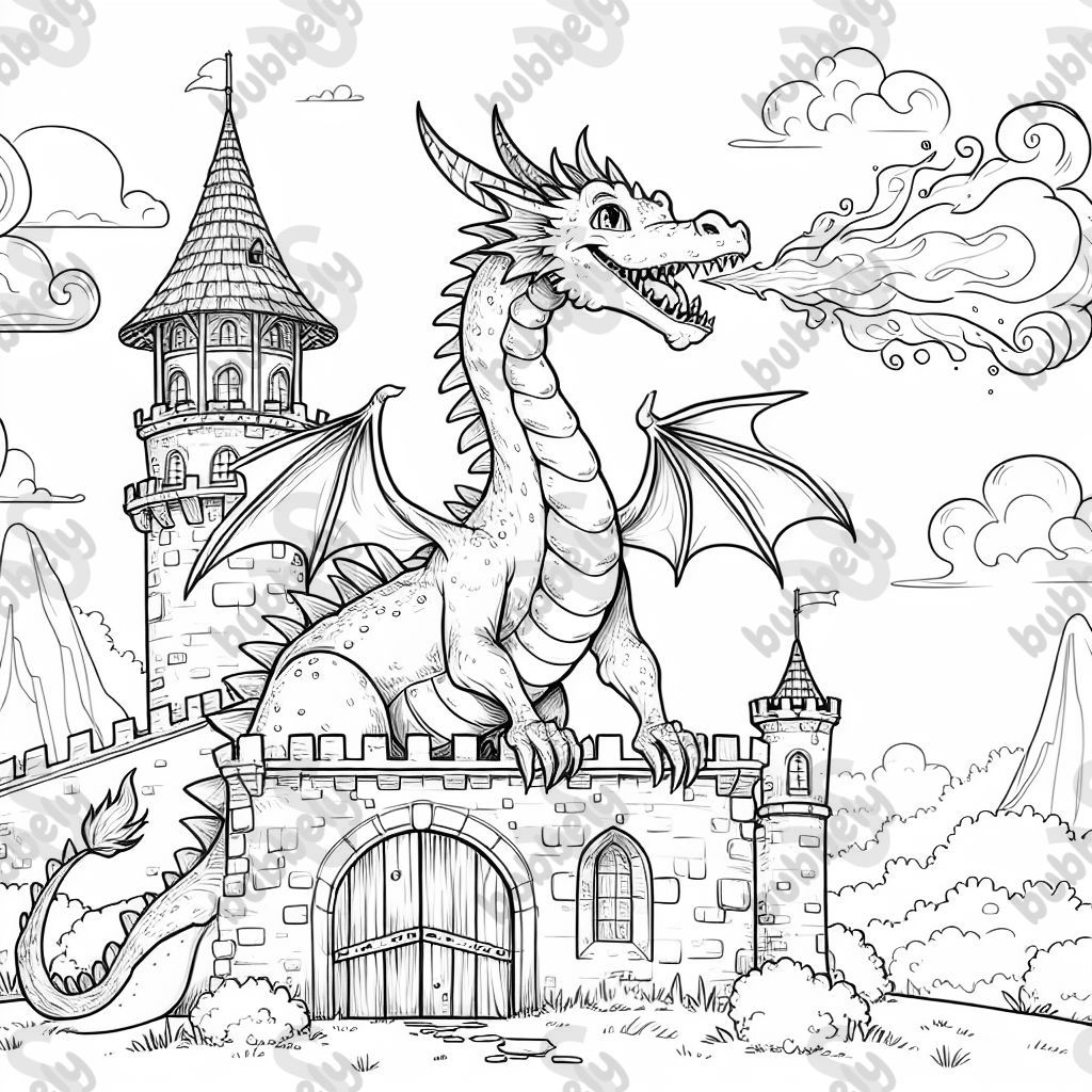 A fire breathing dragon on top of a castle A fire breathing dragon on top of a castle