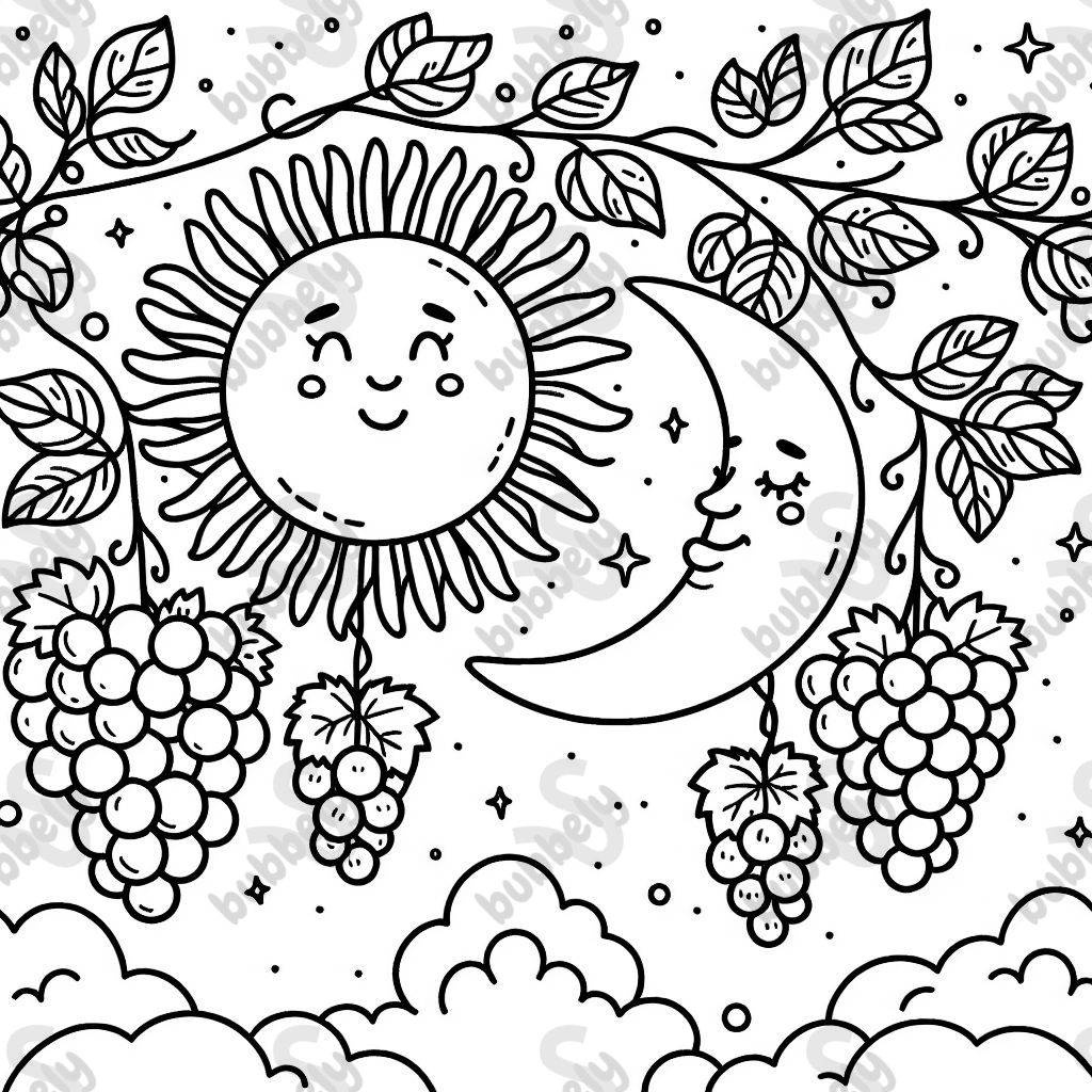 Soleil et lune avec des raisins en dessous