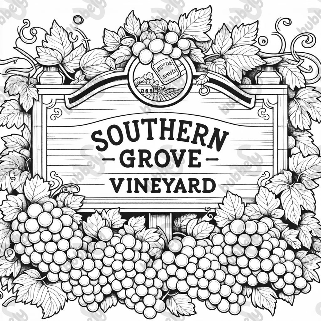 Sign with Southern Grove Vineyard on it surrounded by grapes Sign with Southern Grove Vineyard on it surrounded by grapes