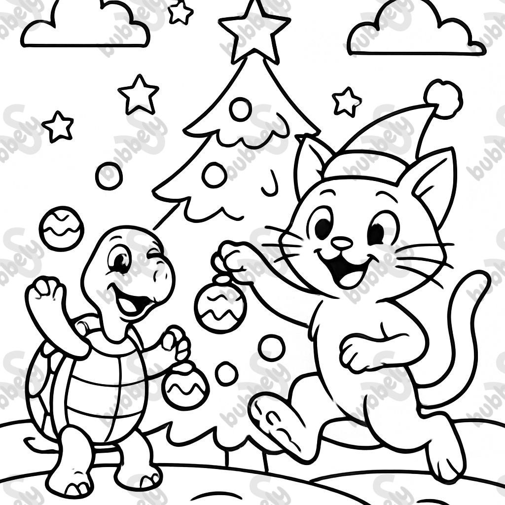 A Christmas kitty and turtle with a Christmas tree