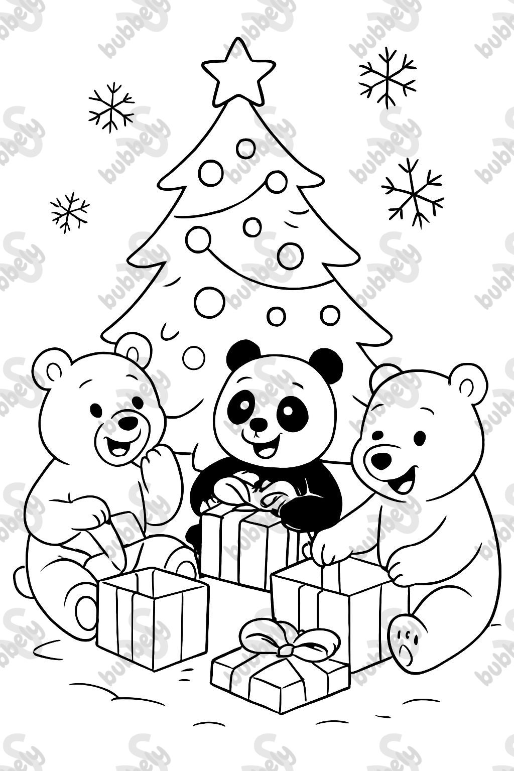 A Christmas tree and a bear and a panda and a polar bear opening presents.