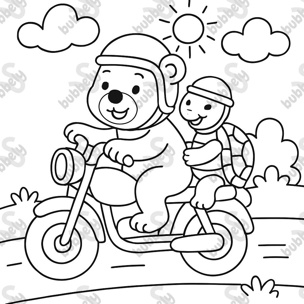 A turtle and bear riding a motorcycle.