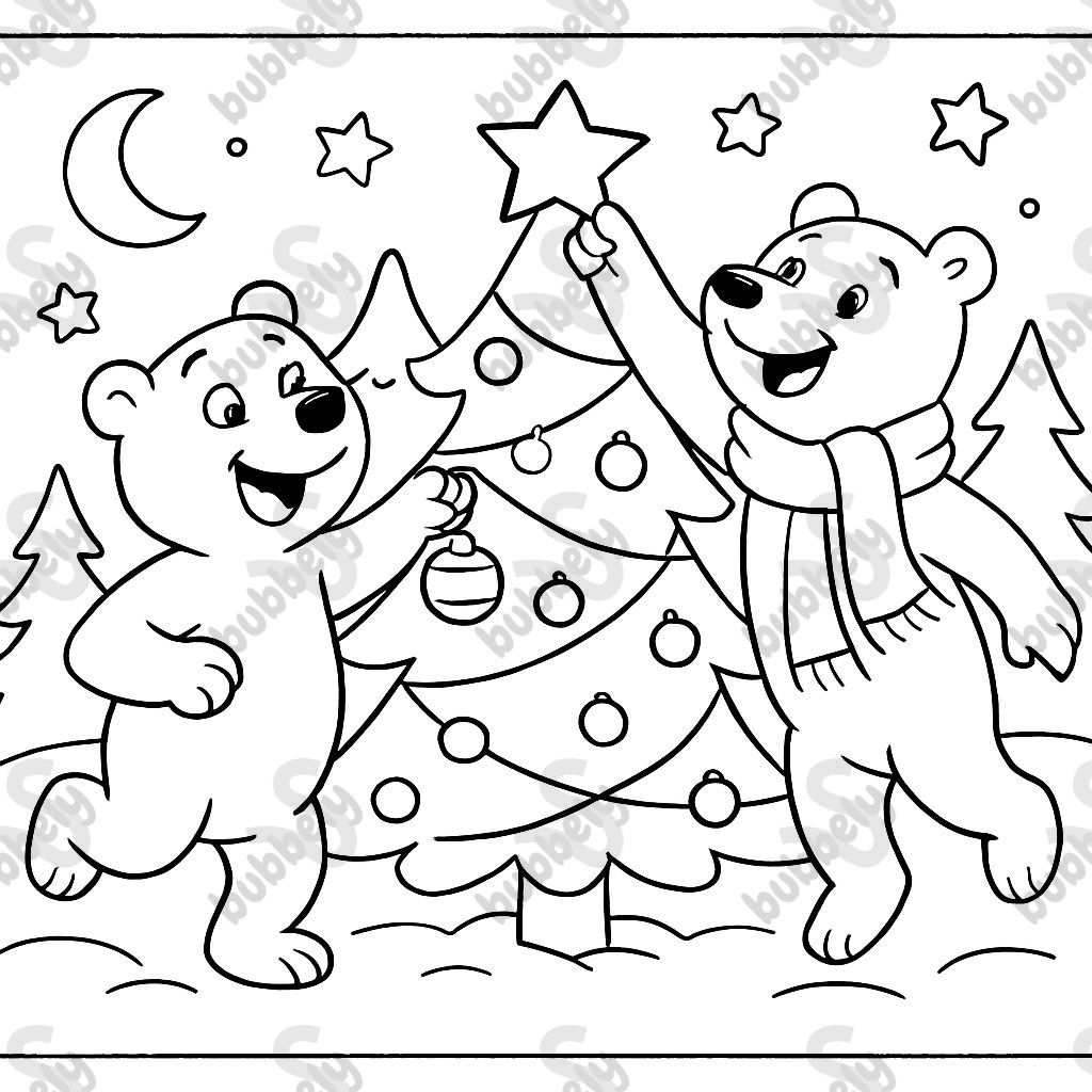 A bear and a polar bear decorating a Christmas tree