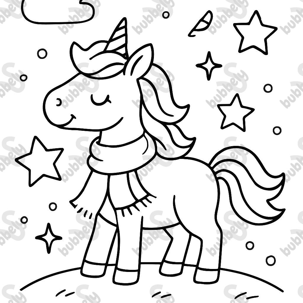 A sparkly unicorn with a scarf on.