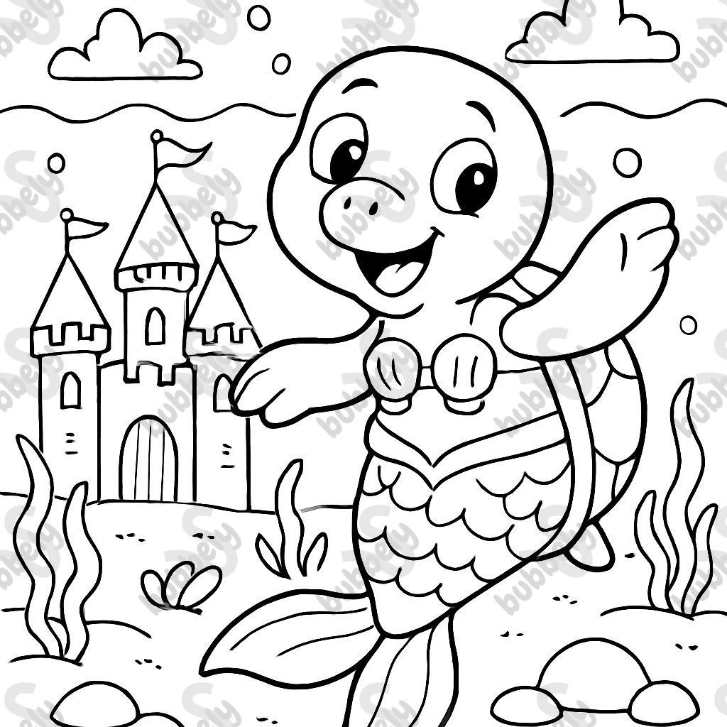 A mermaid turtle next to a castle