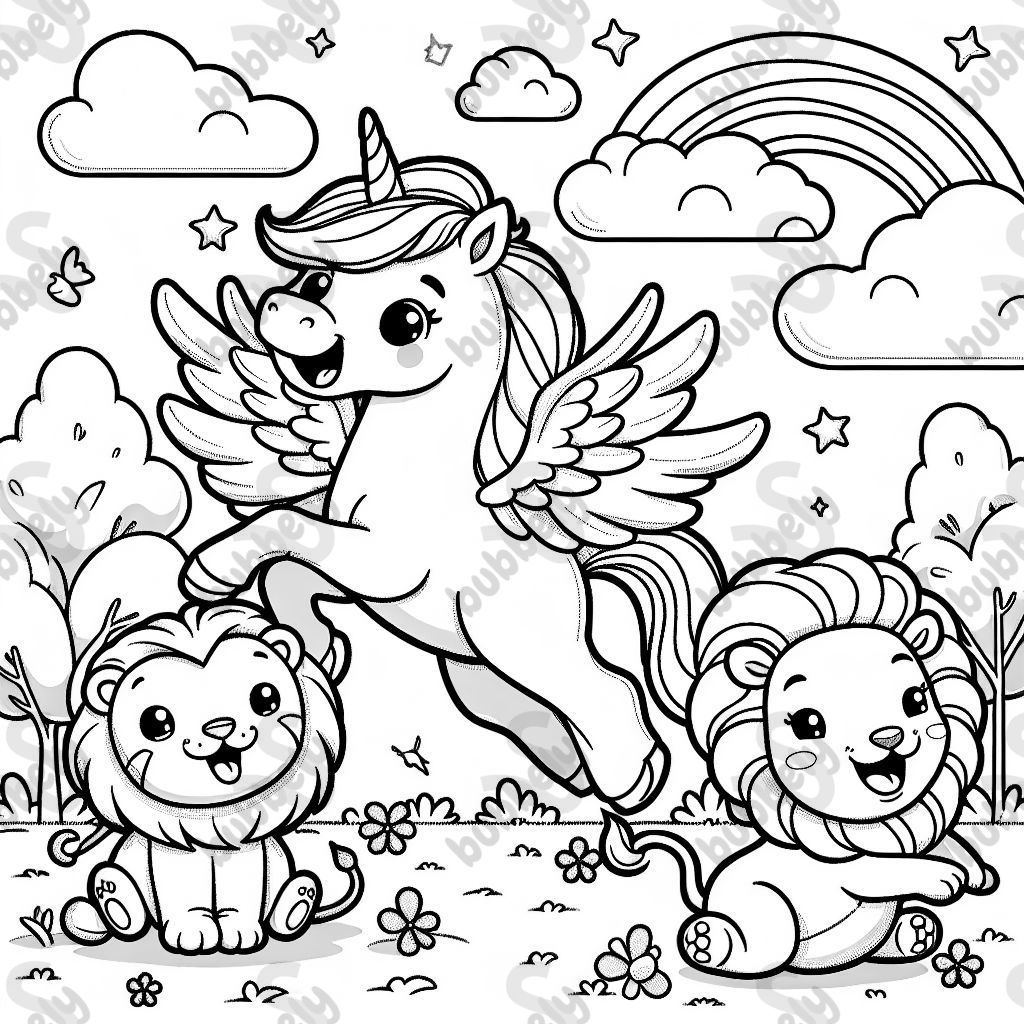 Ein einhorpegasus mit süßer Katze und Löwen 