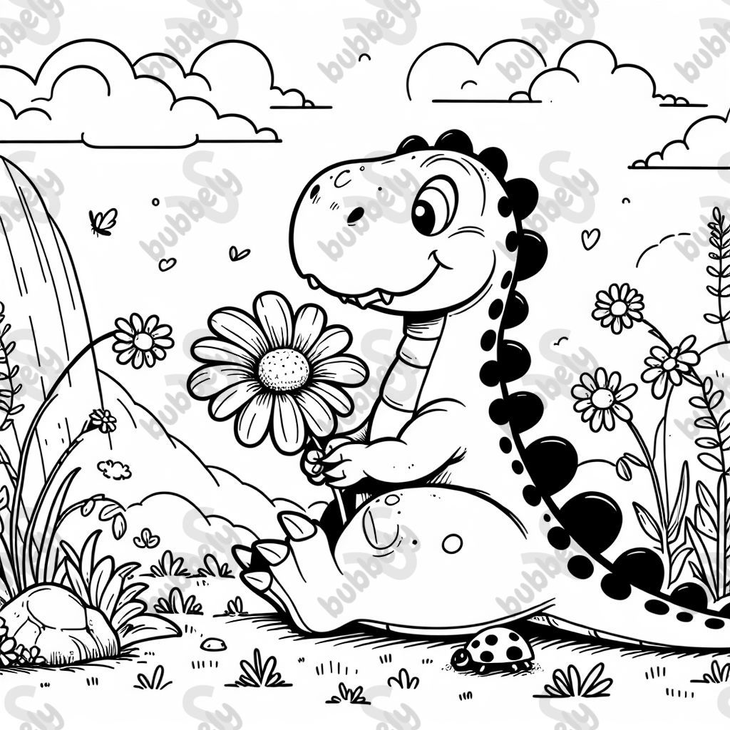a trex holding a daisy with a ladybug on it