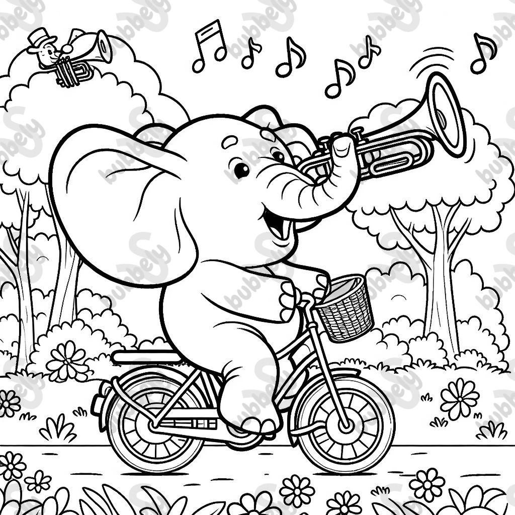 Einen Elefant der auf dem Fahrrad Trompete spielt