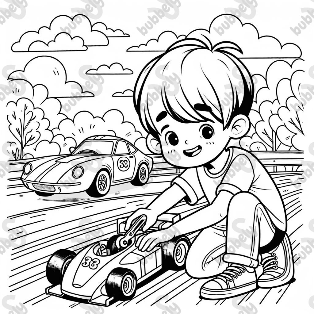 Skater boy with a short mullet fixing a race car