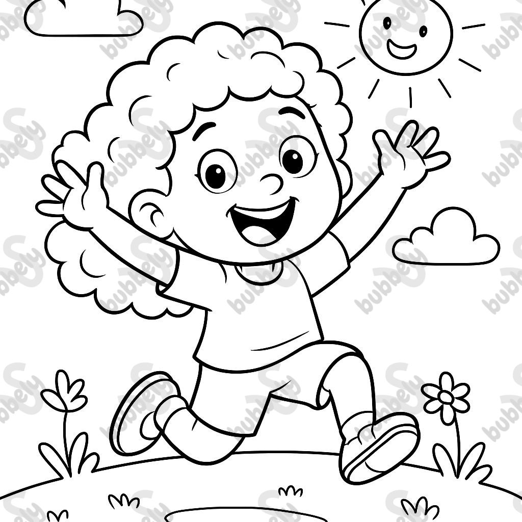 A girl with curly hair jumping up.