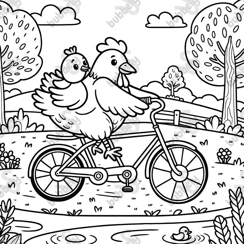 A chicken and duck on a tandem bike
