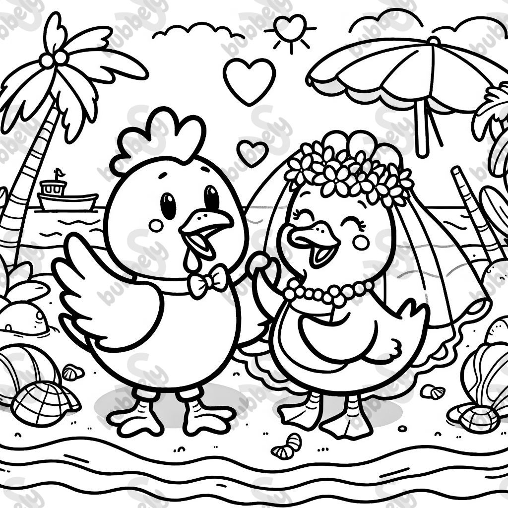 A chicken and duck getting married at the beach