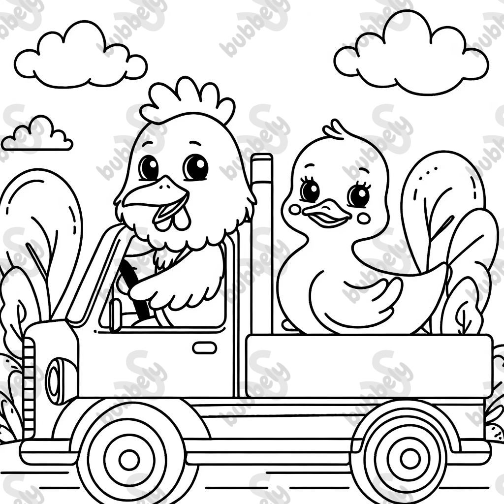 A chicken and duck driving a moving truck