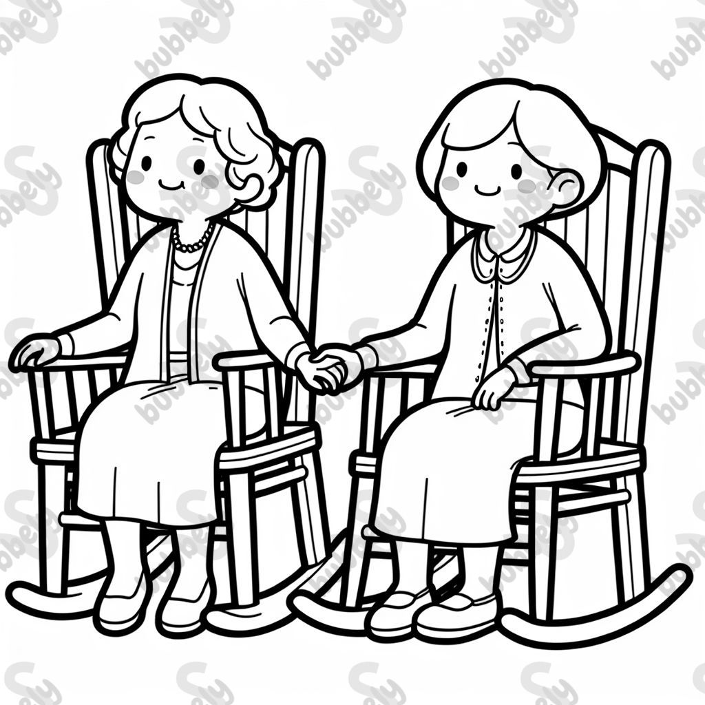 Two old ladies holding hands in rocking chairs