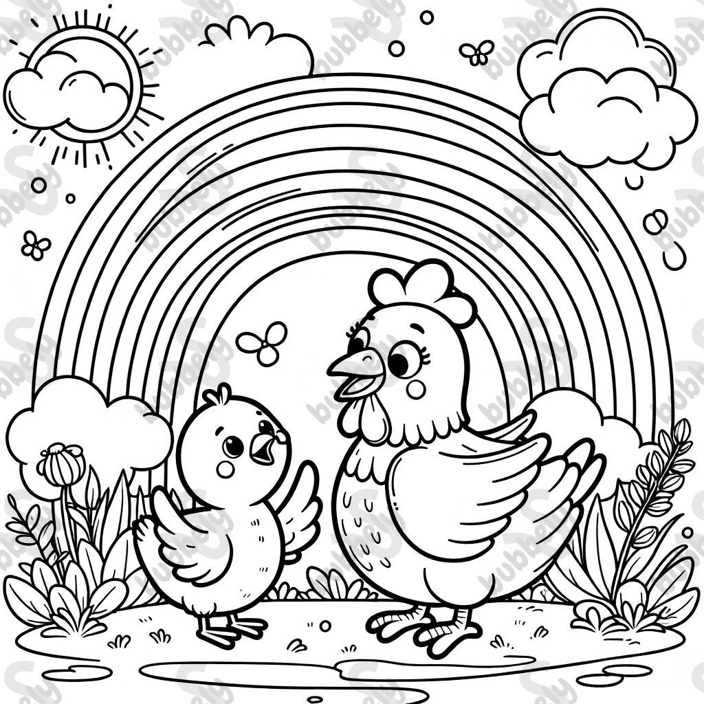A chicken and a duck under a rainbow together