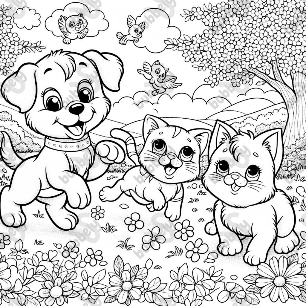 Puppy and two cats playing in a meadow with flowers