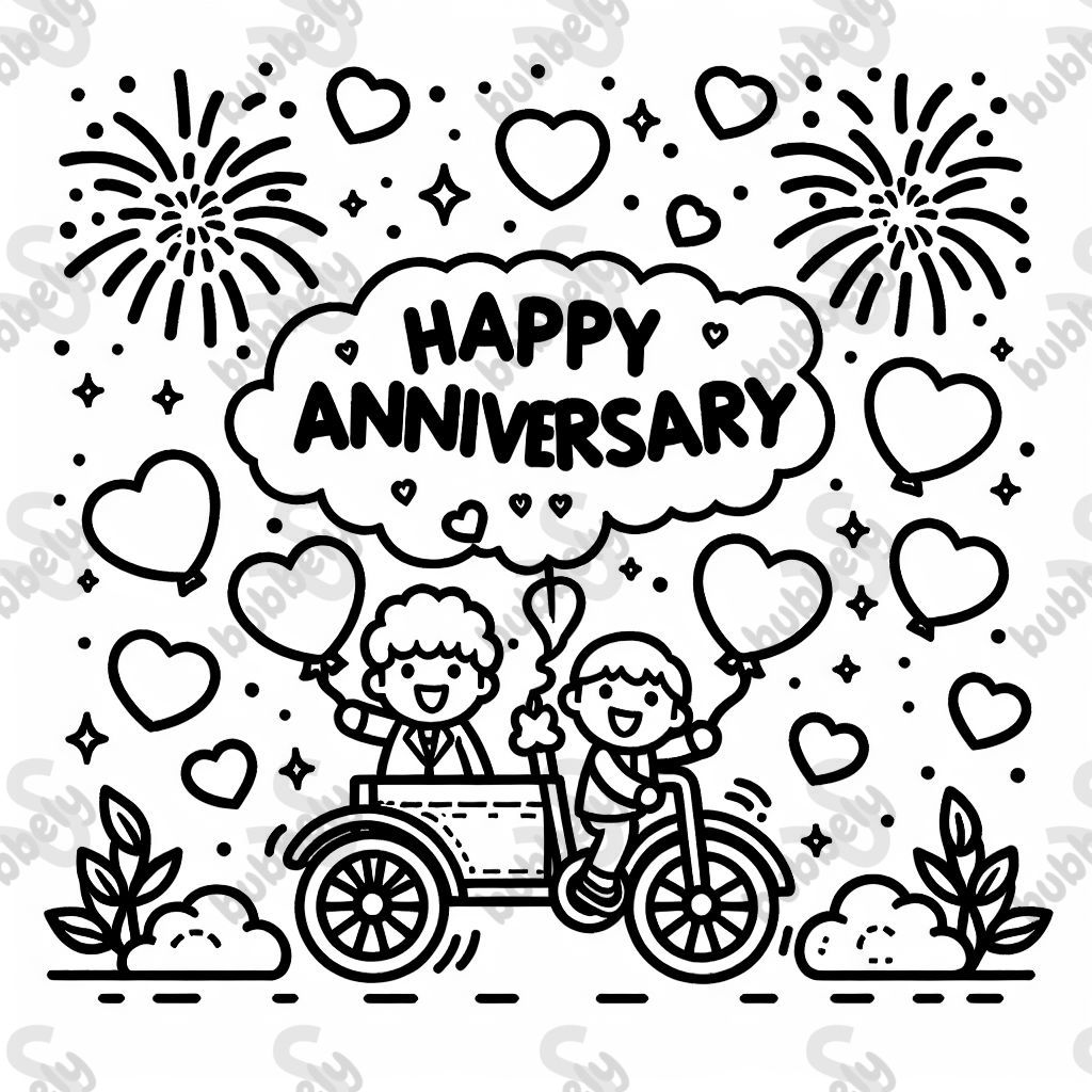 Happy anniversary surrounded by hearts and fireworks