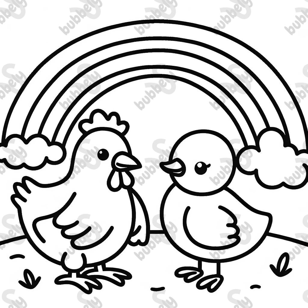 A chicken and duck under a rainbow together