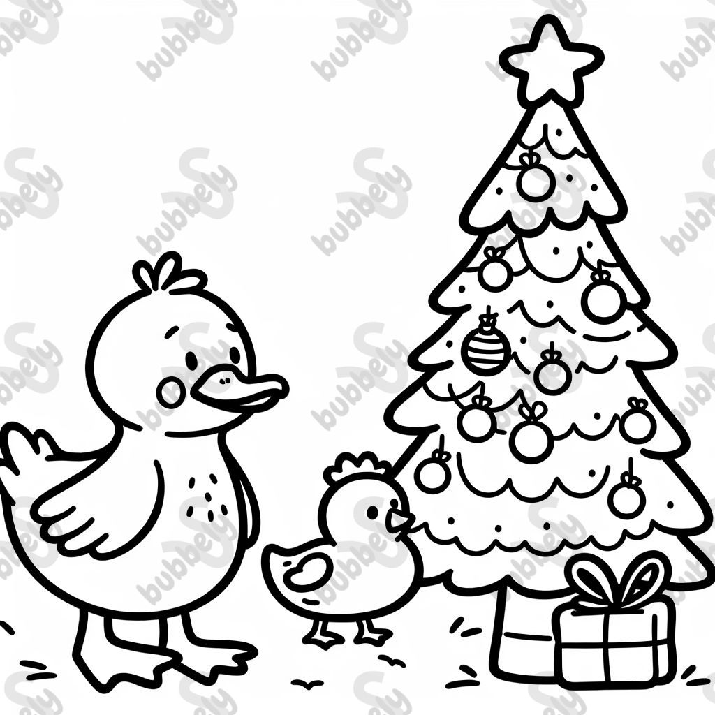 A duck and chicken with a Christmas tree