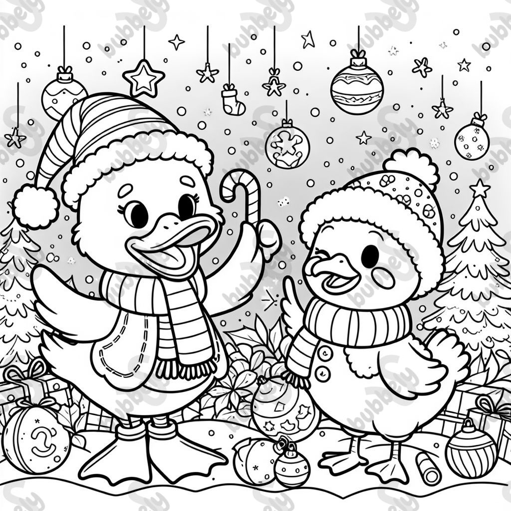 A duck and chicken celebrating Christmas 