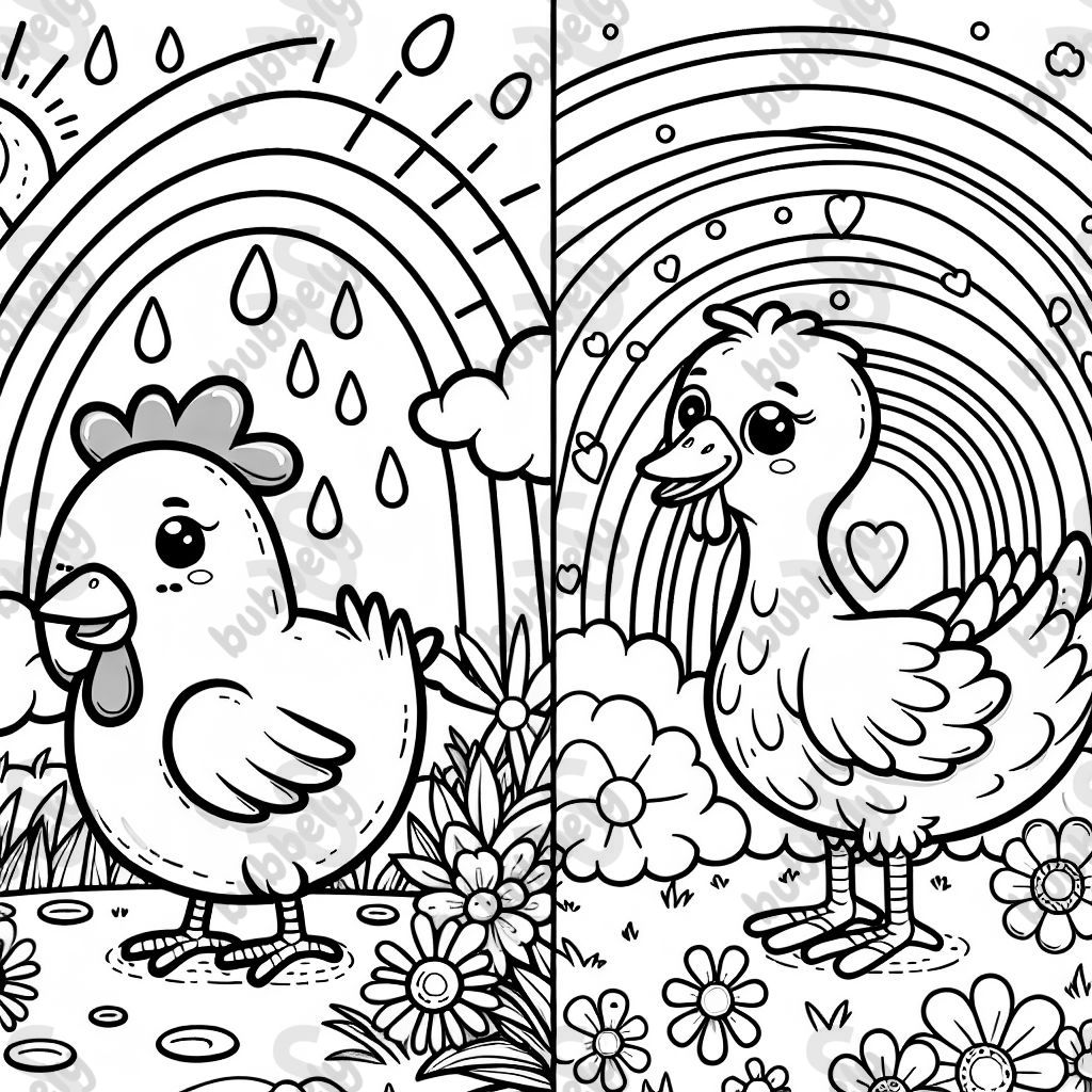 A chicken and duck with many rainbows