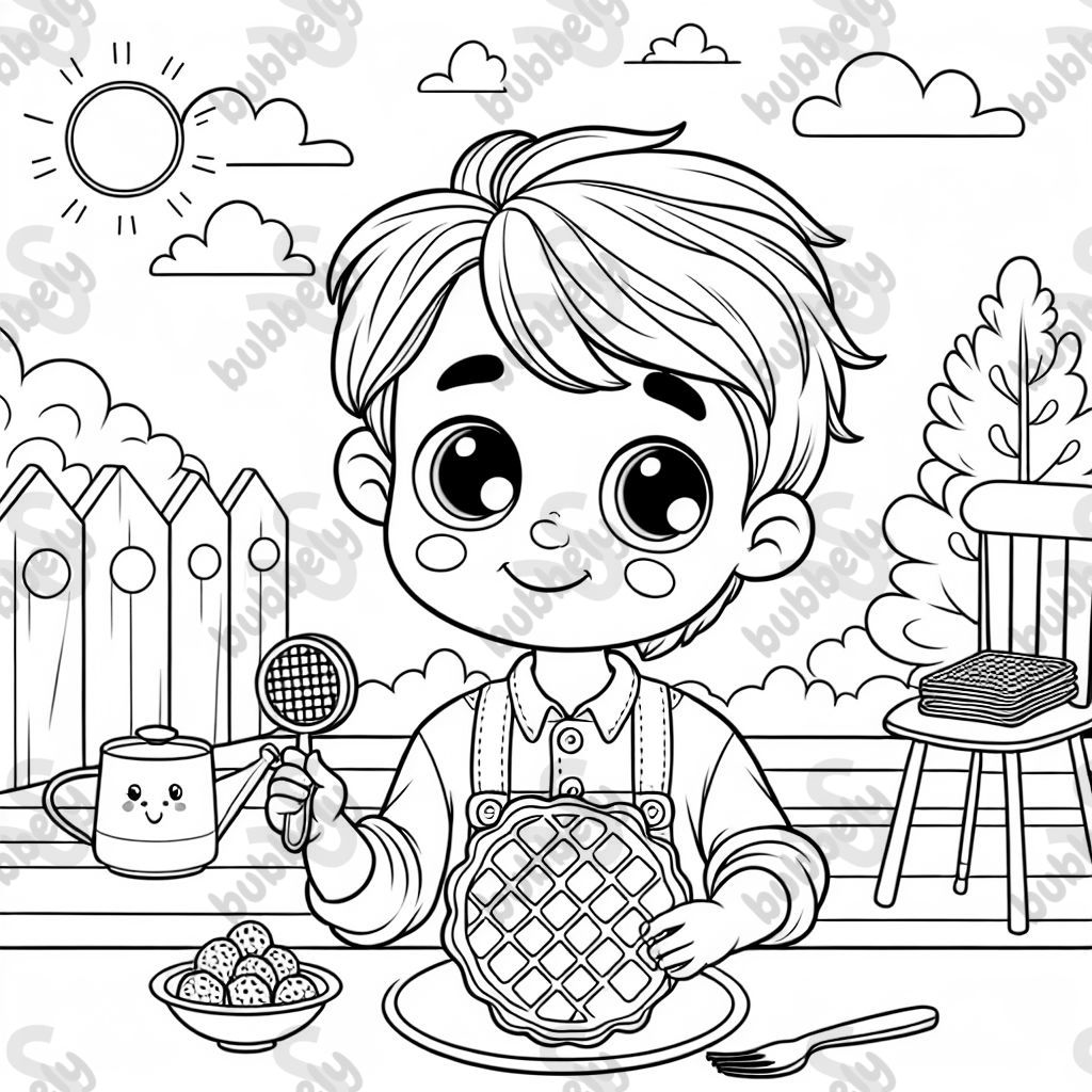 a boy with ceiling fans for eyes holding a waffle