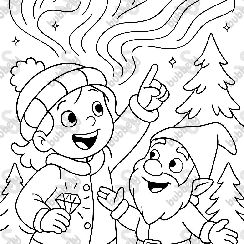 Girl shows Northern Lights by the fir trees with a goblin. Diamond sparkles from her jacket pocket.