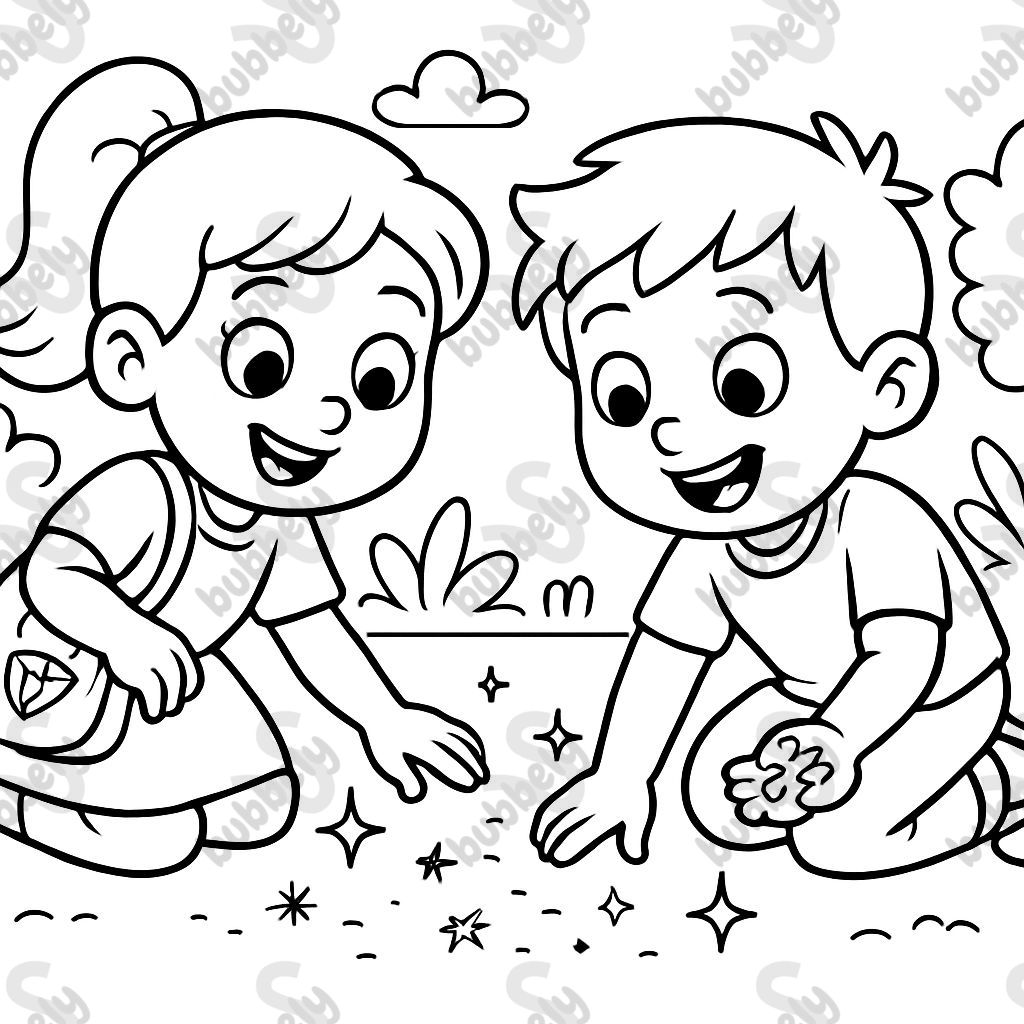 Black and white coloring page: Girl helps boy pick up glitter from the floor, diamond sparkles in her pocket, simple outlines, child-friendly