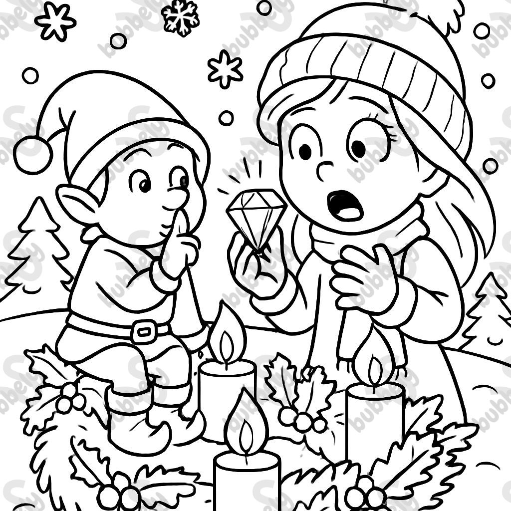 Winter gnome sits on an advent wreath and whispers. A girl looks startled and has a diamond in her hand.