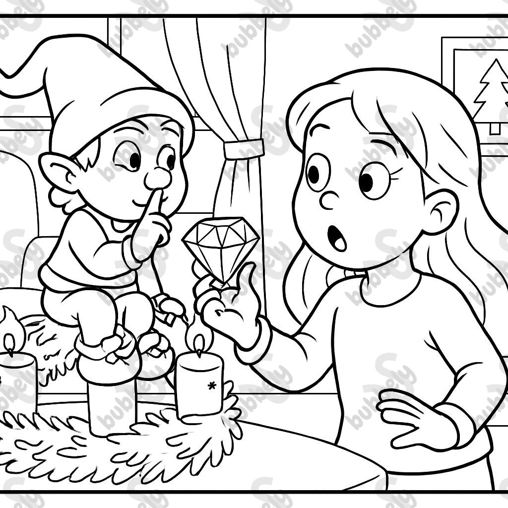 Gnome sits on Advent wreath and whispers. Girl looks amazed. Holds diamond in hand. In the living room