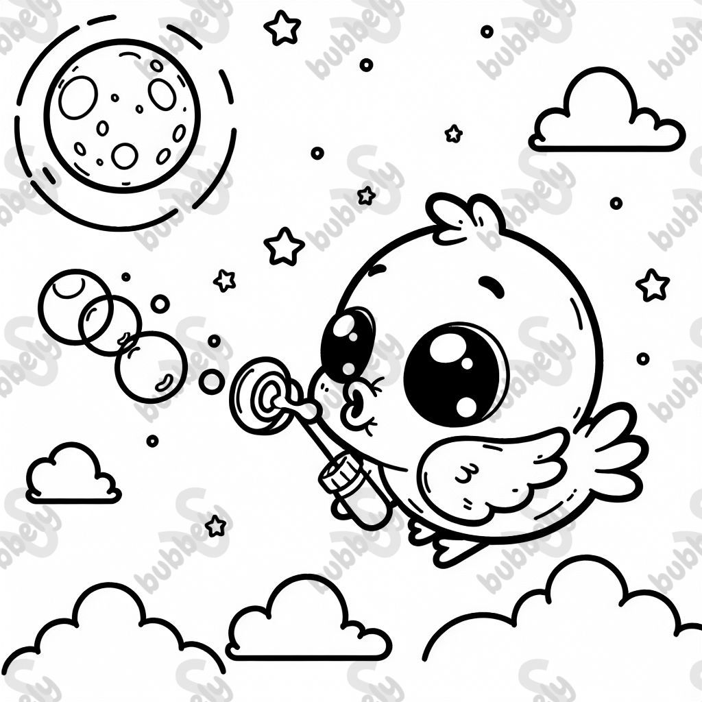 A baby bird blowing a bubble with the moon in the sky but don’t make the sky black.