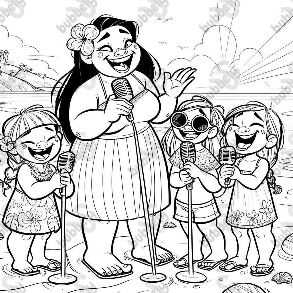 A big sister with her little sisters singing with microphones on the beach on a sunny day