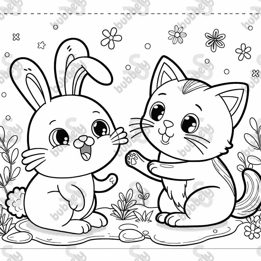 A bunny is playing with a cat.