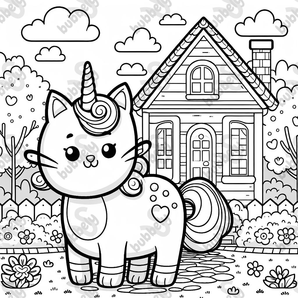 Chat licorne devant une maison