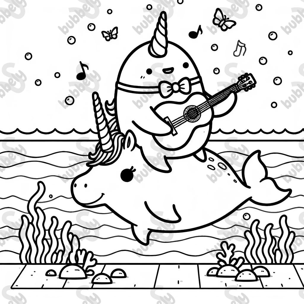 "narwhal wearing a bowtie riding a unicorn in the ocean while playing a guitar