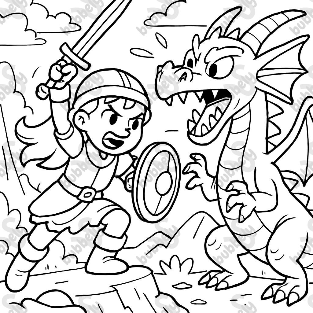 girl warrior fighting dragon