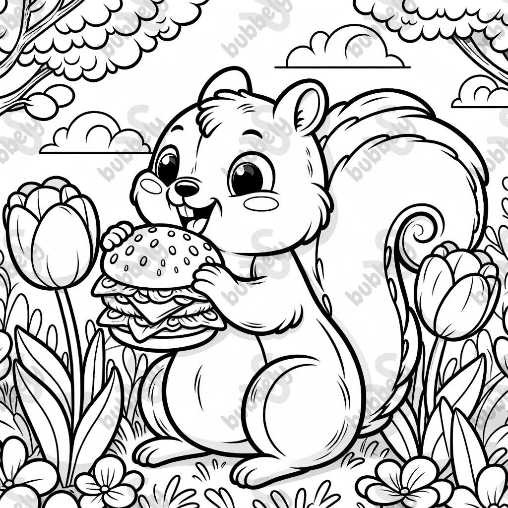 Eichhörnchen isst Burger im Tulpenbeet 