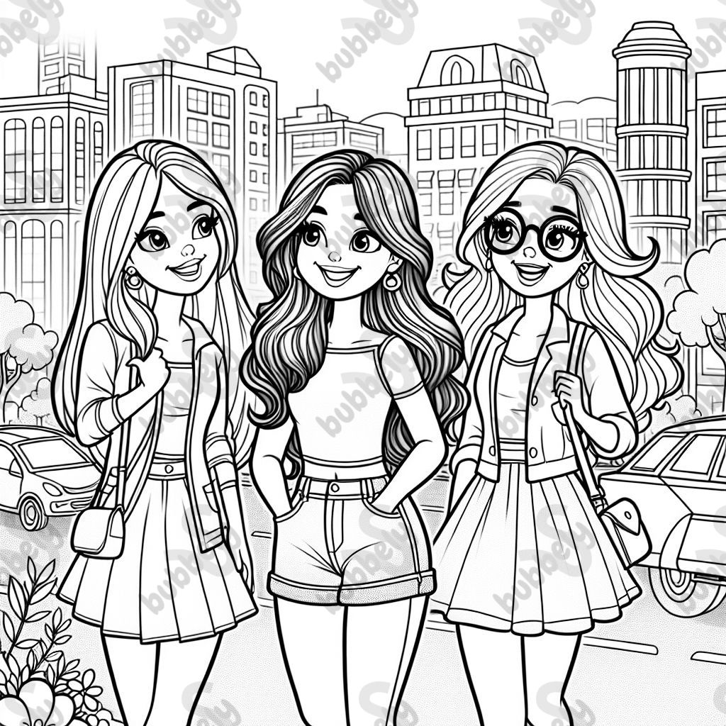 3 young women are walking through the city and chatting. 2 women with long brown hair, one with shoulder-length blonde hair and large glasses.