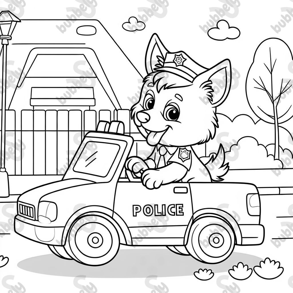 a dog driving a police car