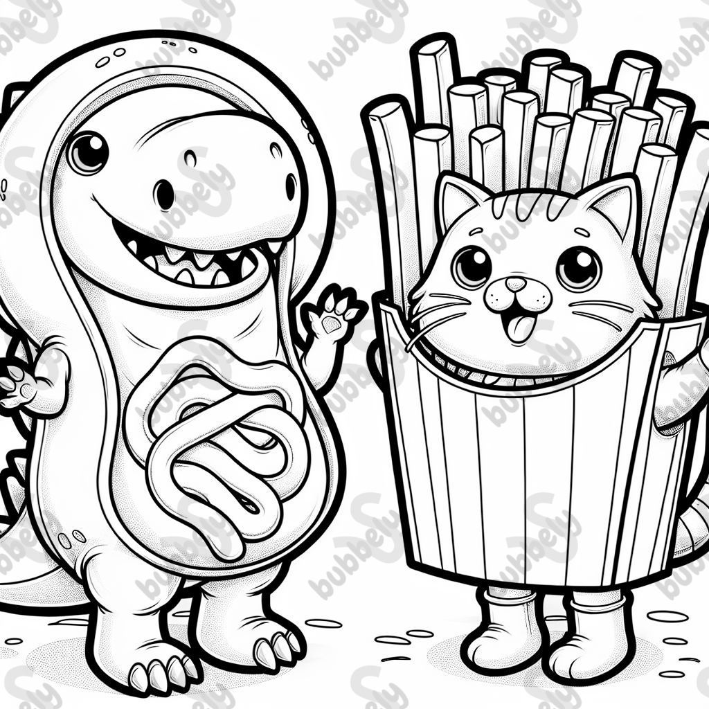 A dinosaur dressed as a sausage and a cat dressed as fries