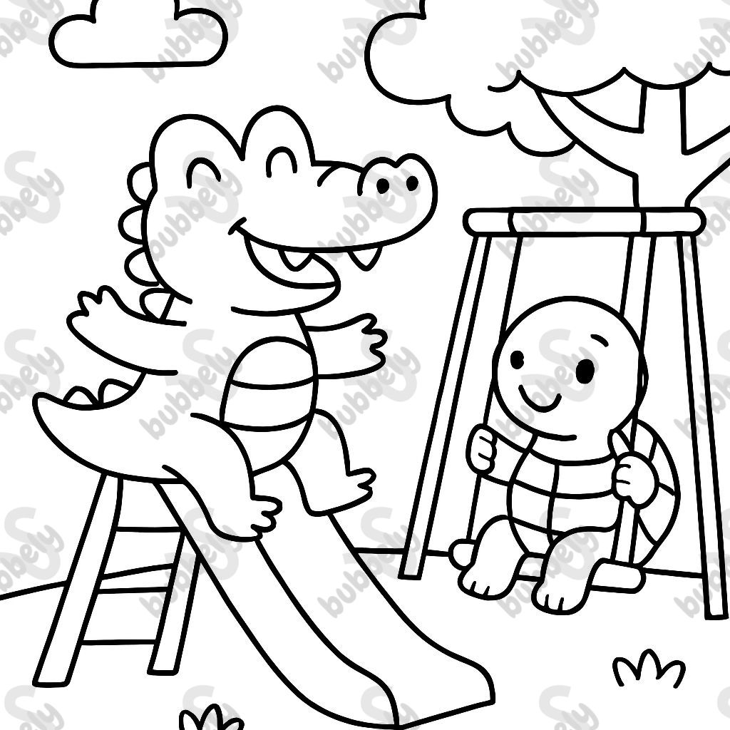 An alligator and a turtle playing in the playground.