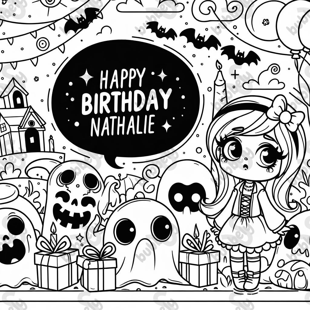 spooky/horror halloween themed coloring page with "Happy Birthday Nathalie" in bubble font