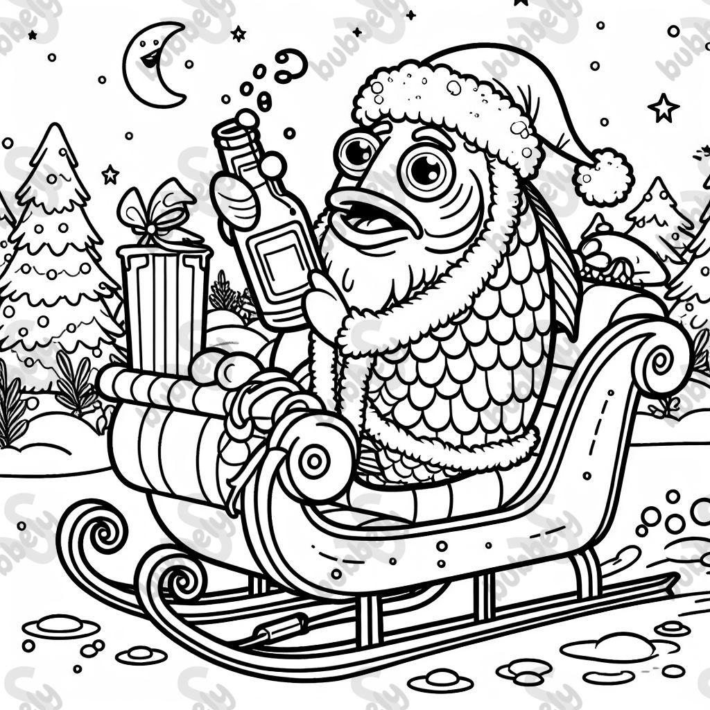 Ein Fisch als Weihnachtsmann verkleidet, betrunken auf einem Schlitten.