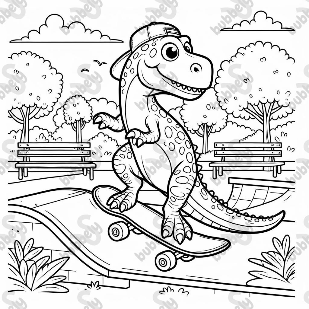 Ein Dino auf einem Skateboard in einem Skatepark