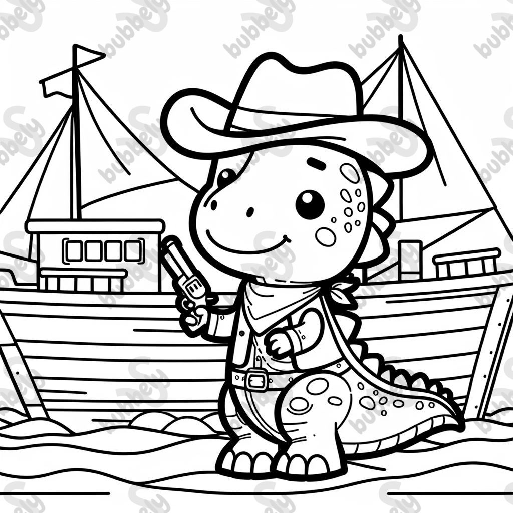 Ein Dino in einem Cowboy Anzug ohne Waffen auf einem Schiff