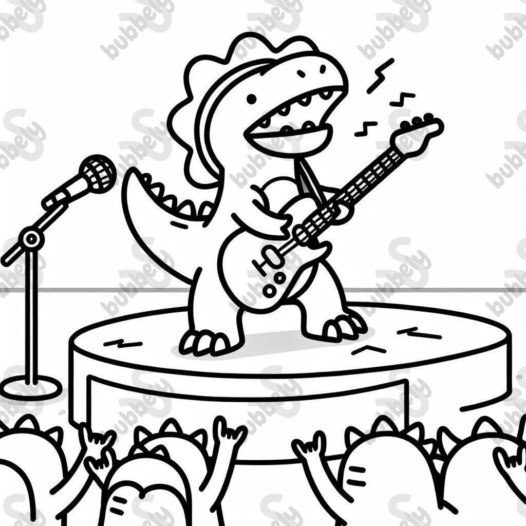 Ein Dino als Rockstar auf einer Bühne